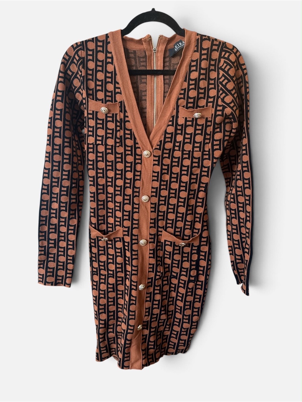 Knit Button-Front Dress in Rust and Black/ Hugs the body perfectly